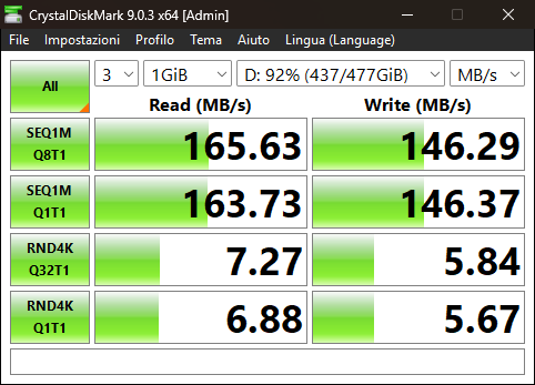 Benchmark CrystalDiskMark della microSD 70mai dopo 51 giorni: 165 MB/s in lettura sequenziale